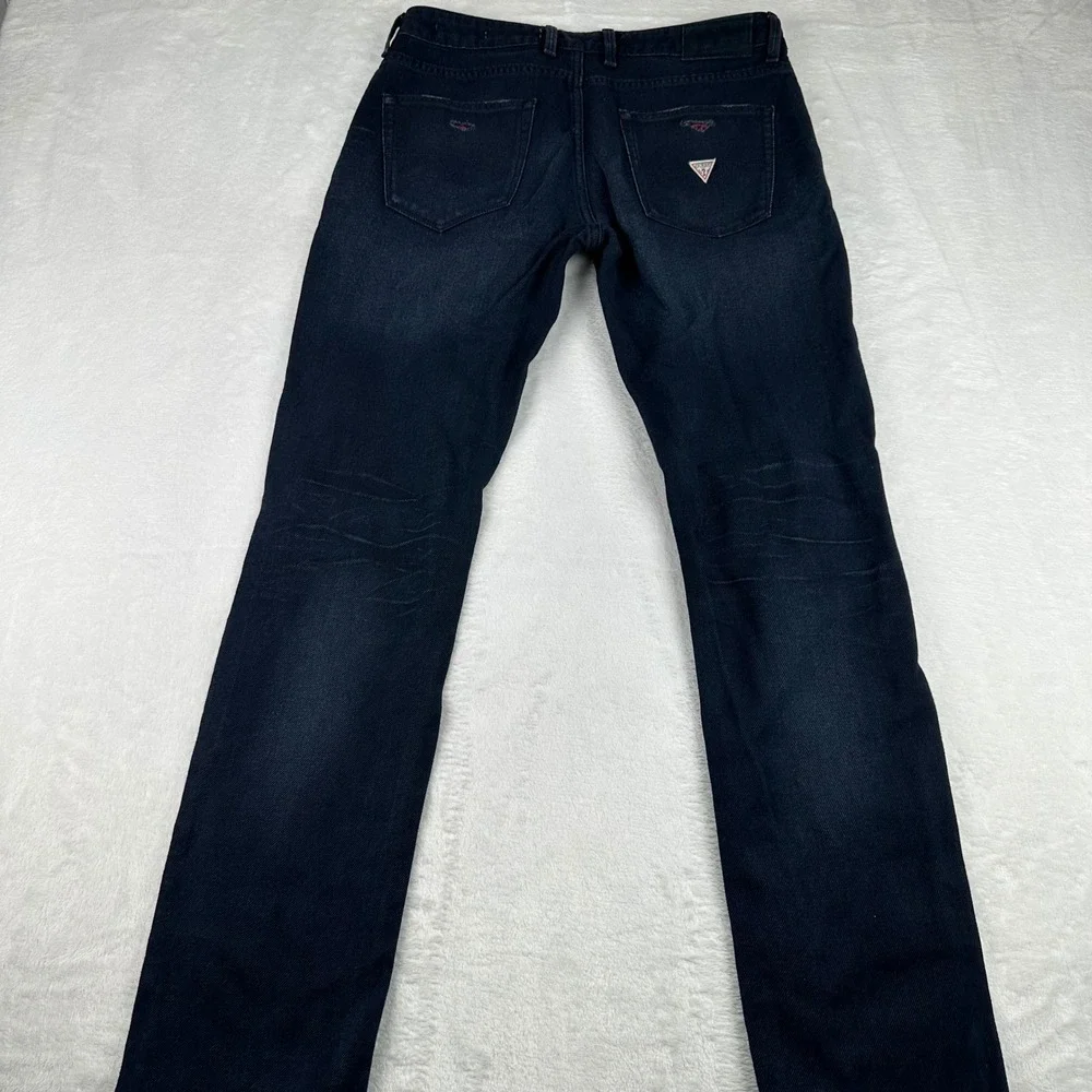 Guess Slim Angels Mens 33x32 Dark Wash Distressed Rip Repair Red Lining Jeans